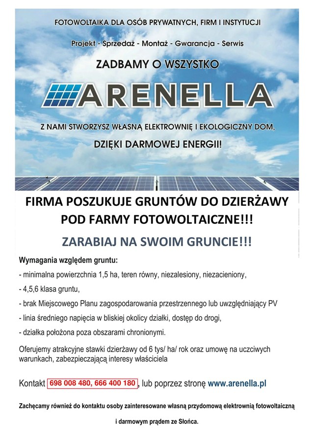 Firma Arenella Sp. z o. o. wydzierżawi tereny pod budowę farm fotowoltaicznych