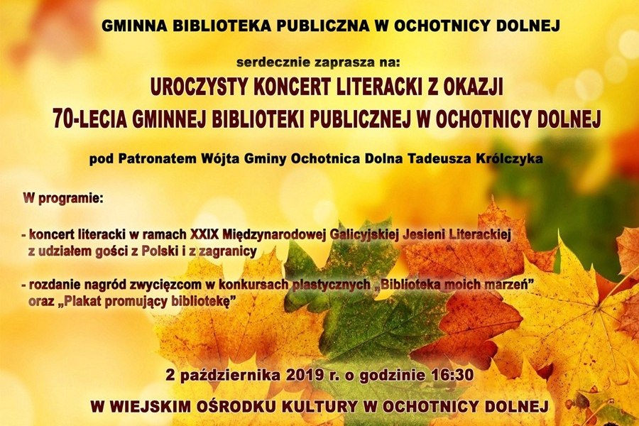 Zaproszenie na Uroczysty Koncert Literacki z okazji 70-lecia Gminnej Biblioteki Publicznej