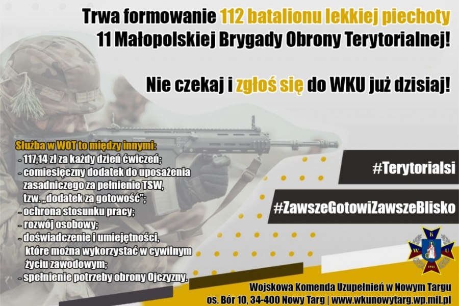 Trwa formowanie 112 batalionu lekkiej piechoty 11 Małopolskiej Brygady Obrony Terytorialnej