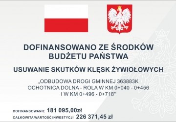 Gmina Ochotnica Dolna otrzymała ze środków budżetu Państwa w ramach programu „Usuwanie skutków klęsk żywiołowych” na realizację zadania 